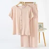 Muslin 100% Cotton Gauze 2 Piece Sets Womens Outfits Button Up Short Sleeve Tees + Long Trouser Sets Comfortable Tracksuit 5