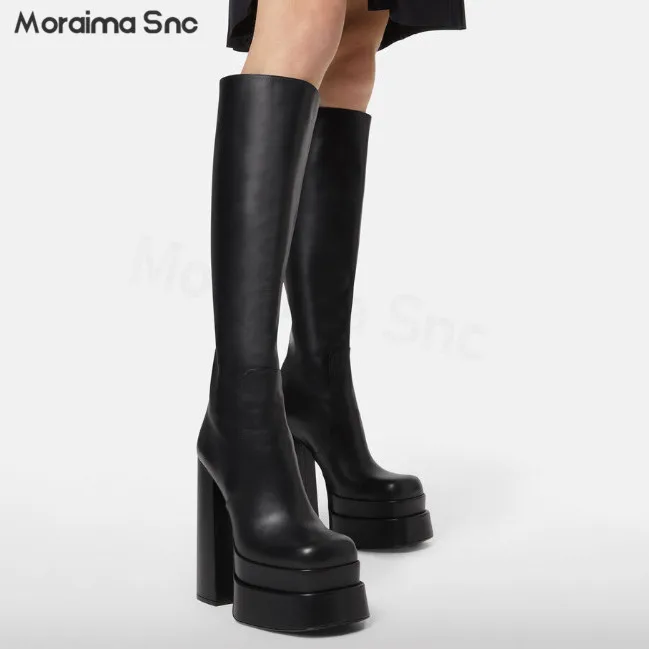 

Sexy Square Head Platform Boots Solid Color Sleeve Ultra-High Heel Waterproof Platform Knee-High Boots Fashion Women's Boots