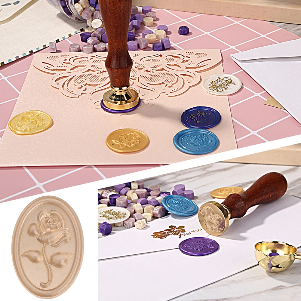 Oval Wax Seal Copper Head with Handle Embossed Rose Flower Stamp Reusable for Wedding Party Birthday Invitation