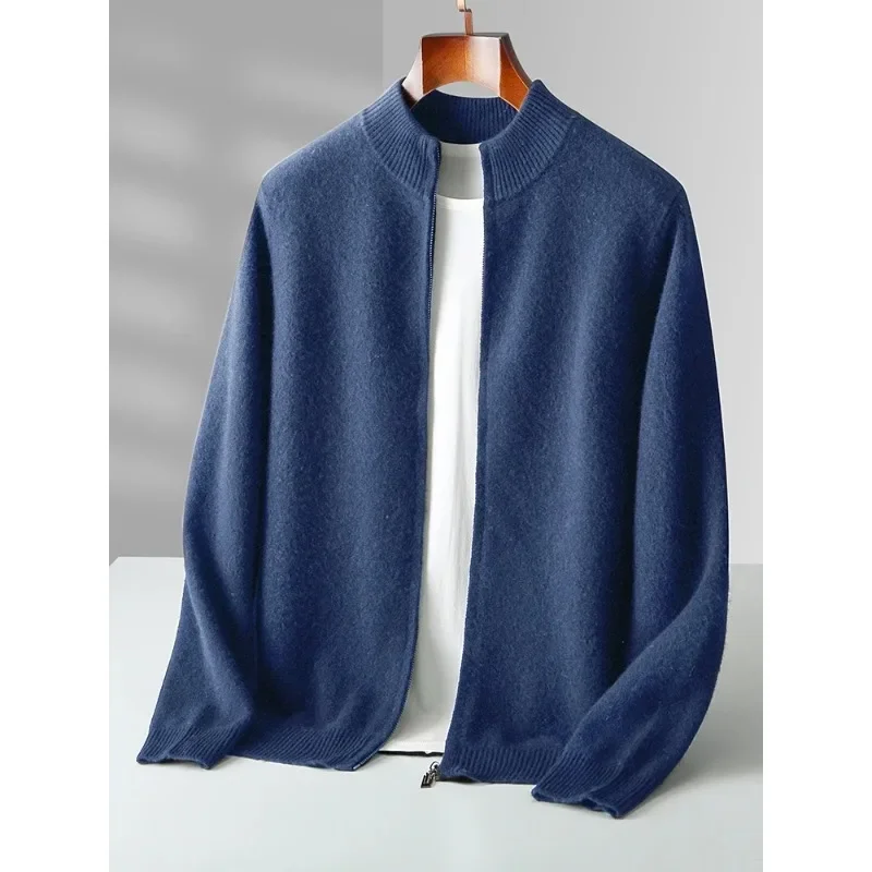 Autumn Winter Men's Wool Cardigan Zippers Mock Neck Long Sleeve Cashmere Sweater Warm Knitwear Thick Soft Clothing