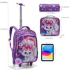 3PCS Set Rolling Backpack For Girls, Cute Cartoon Cat Sequin Design Wheeled Bags With Lunch Box And Pen Bag-Pink And Purple 2