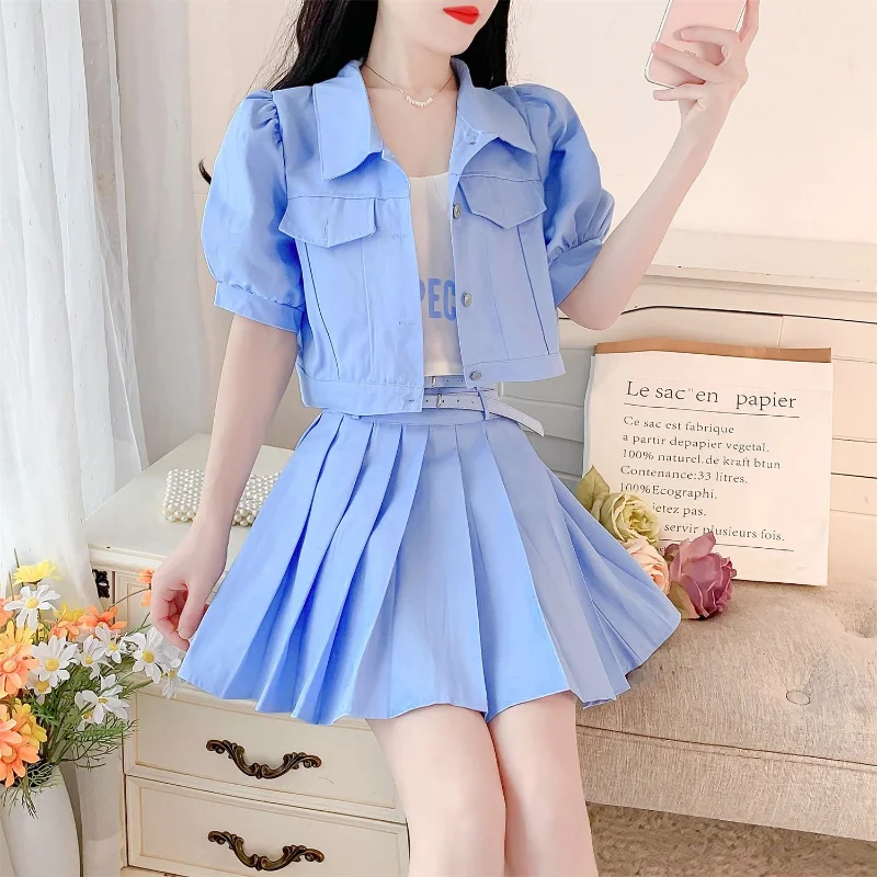 Three-Piece Slimming Suit with Bubble Sleeve, Thin Jacket, Halter Top, A-word Skirt, Sexy Fashion Cardigan, Summer, 2023