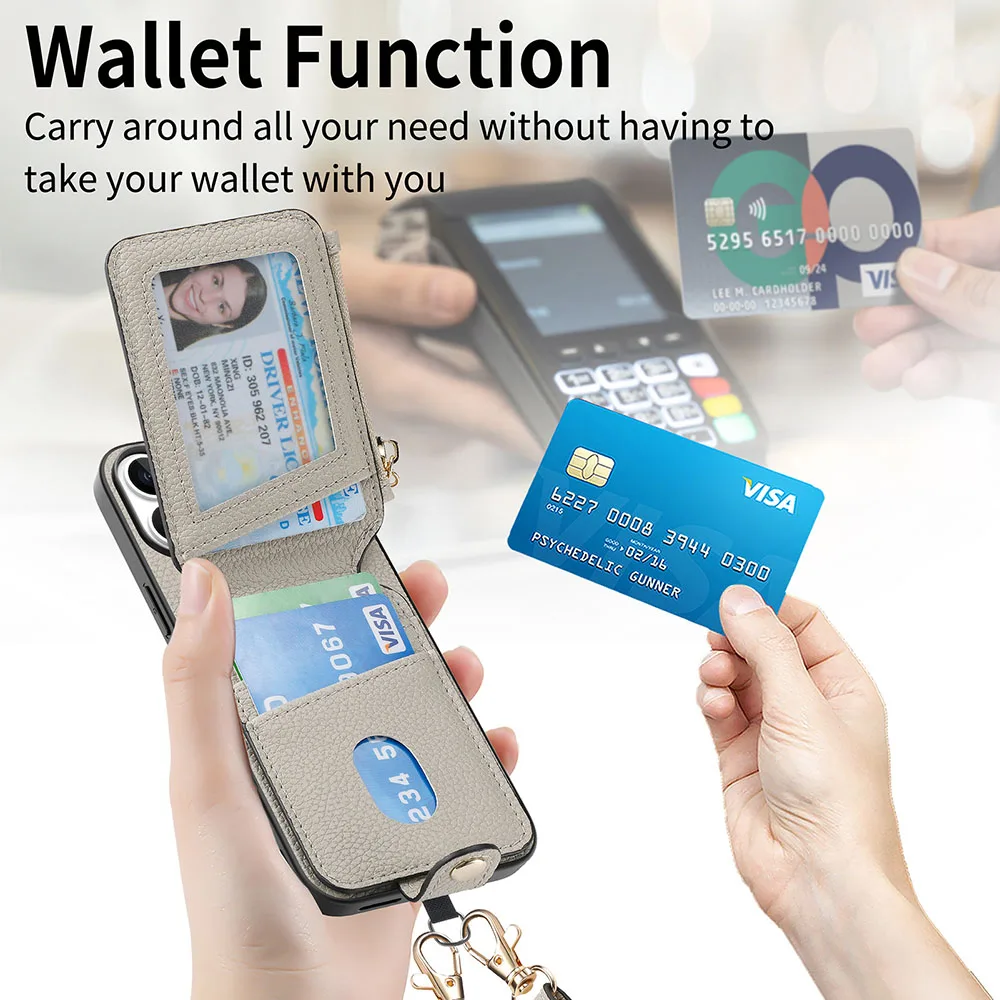 Zipper Wallet Leather Phone Case with Card Holder and Lanyard