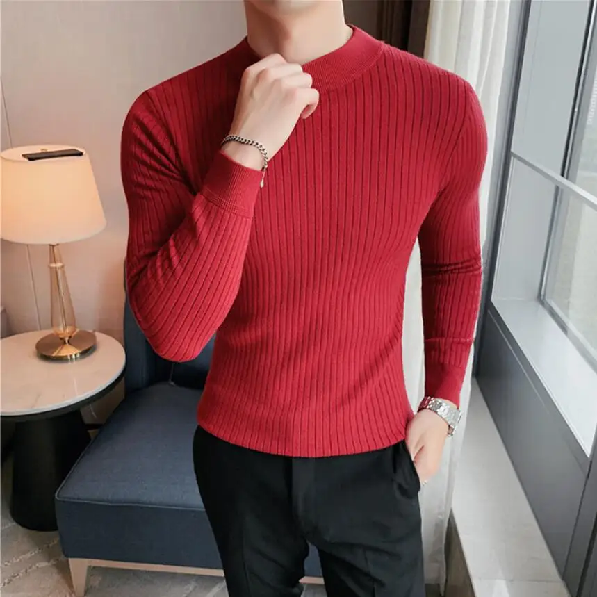 2023 Winter Men's Turtleneck stripe Sweaters Thick Warm High Neck Sweater Mens Sweaters Slim Pullover Men Knitwear Male Sweater