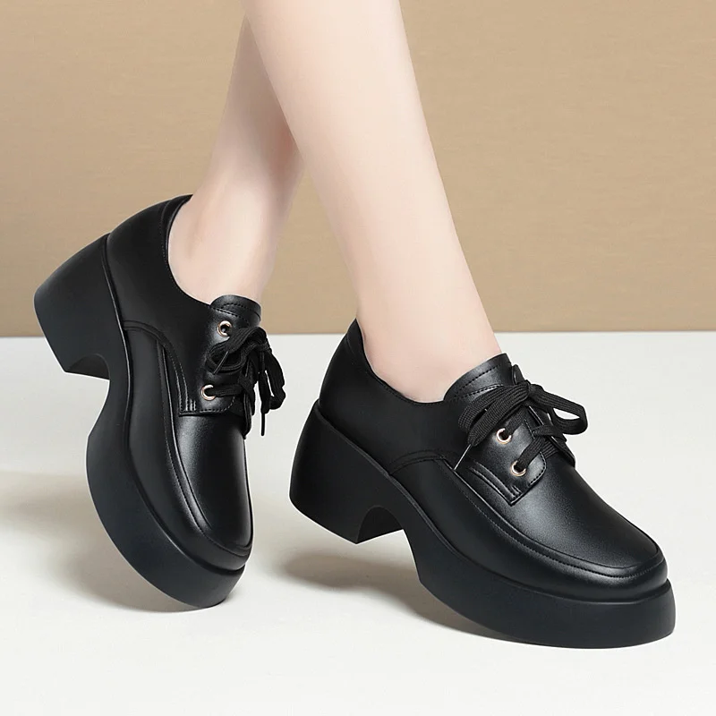 2024 Elegant Versatile Lace Up Comfortable Soft Leather Shoes Woman New Retro Thick Sole High Heel Casual Single Shoes 6