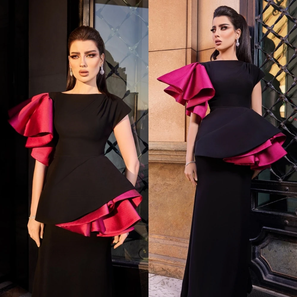 

Fairytale Evening Dresses Matching Bateall Sheath Floor Length Cocktail Dresses Layered Draped Satin Formal Occasion Gown فساتين