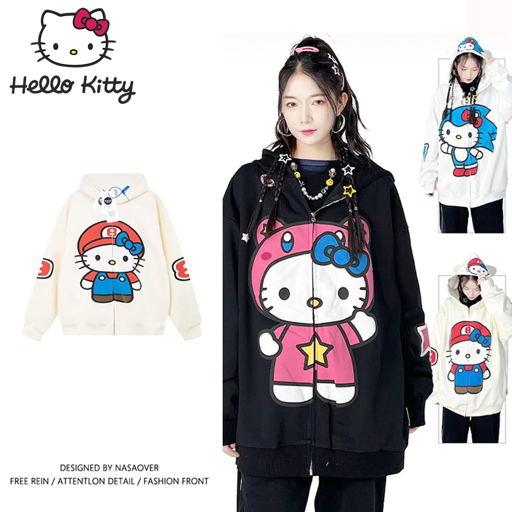 

Sanrioed Y2K Hello Kitty Cardigan Cotton Hooded Sweatshirt Couple Outfit Kawaii Anime Spring Thicken Cute Coat Trend Street Wear