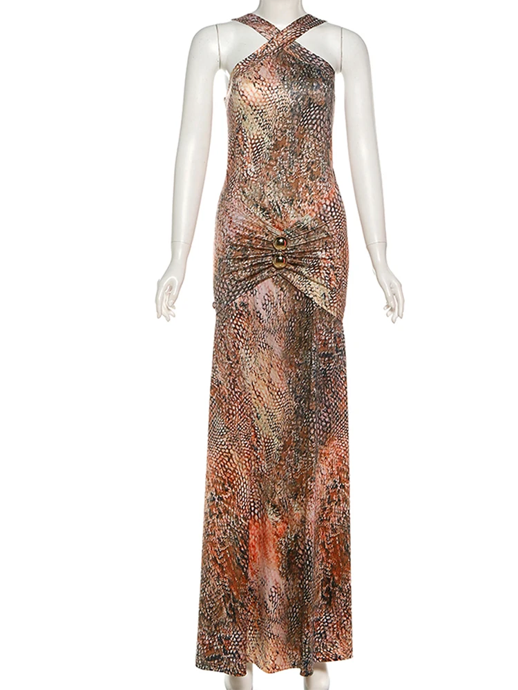 Nibber Colorful Snake Print Maxi Dress Women Peach Buttocks Metal Ball Decoration Sleeveless Folds Sexy Banquet Fashion Vestidos