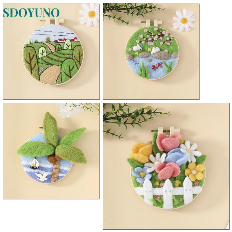

SDOYUNO Wool Felting Painting Kit Beautiful Flowers Embroidery 20x20cm Frame Diy Felt Crafts Package Felt Needle For Handwork
