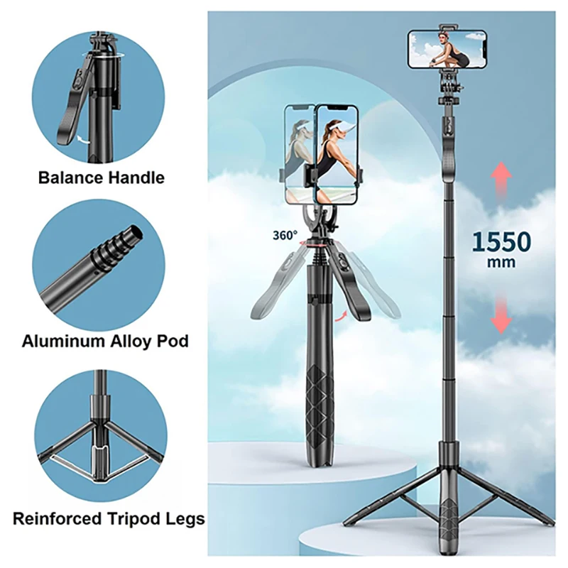 CYKE 61" Selfie stick tripod expandable phone tripod stand wireless remote 360 rotating live video foldable L16