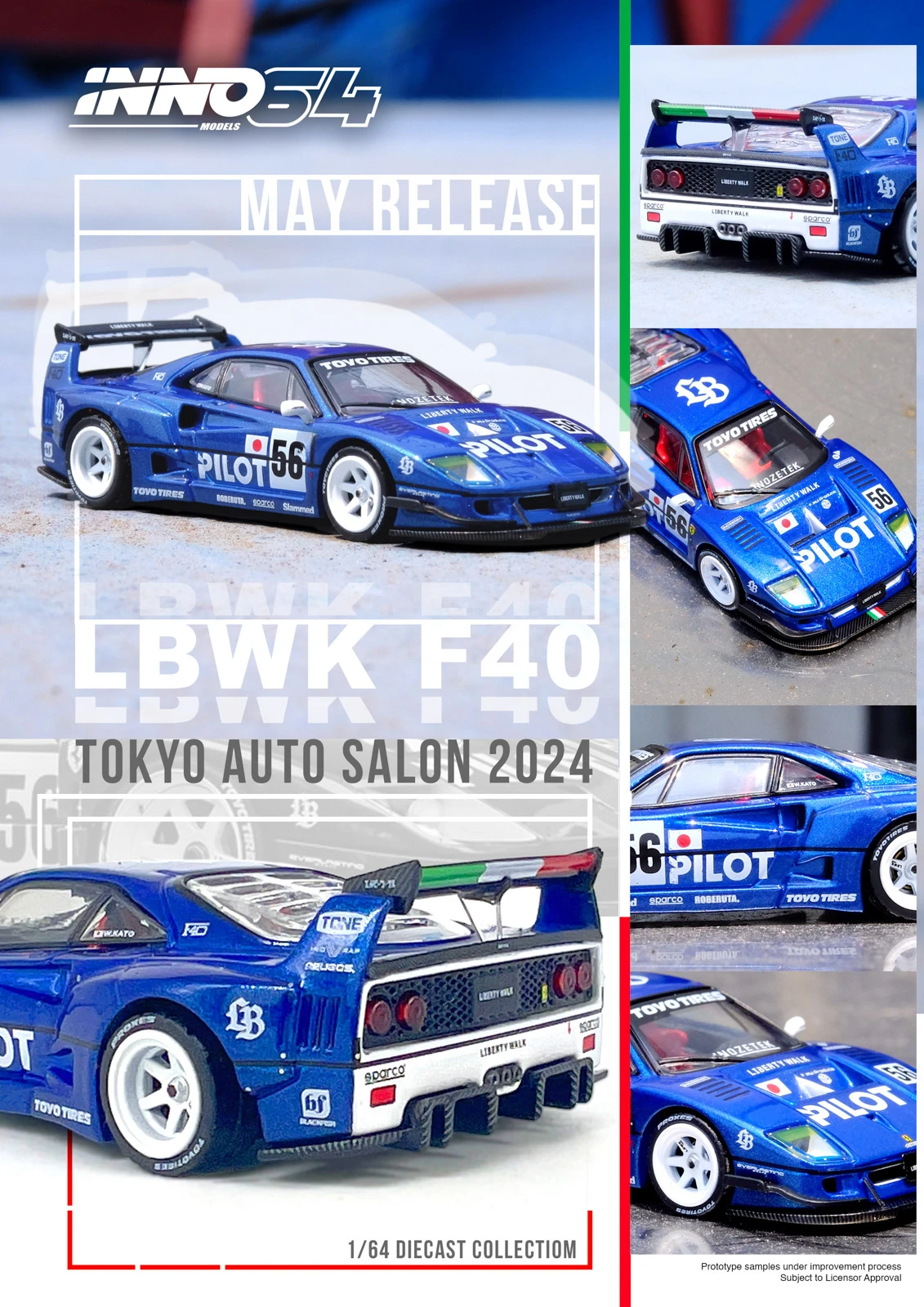 

**Pre-order ** INNO 1:64 LBWK F40 Tokyo Auto Salon 2024 Blue Diecast Model Car