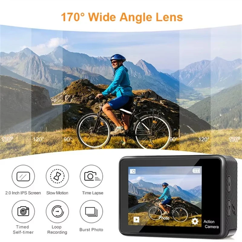 레가톤 4K 30FPS 액션 카메라 24MP, 170도 광각 ° 광각 듀얼 스크린 WiFi 스포츠 카메라, 30M 방수 비디오 카메라