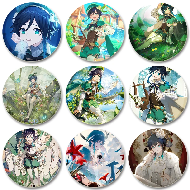 

32/44/58MM Genshin Impact Venti Round Tinplate Pin Brooches Backpack Bandage Jewelry Accessories Fans Commemorative Badge Gifts