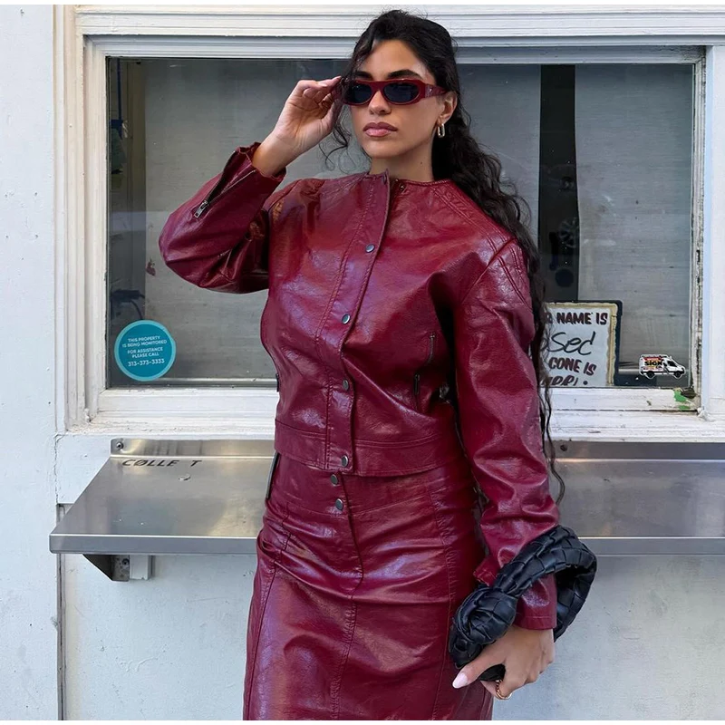 PU Leather Jackets Long Skirts Women's Set Vintage Solid O-Neck Jackets A-Lined Slim Fit Skirt Sets Female Chic Street Outfits