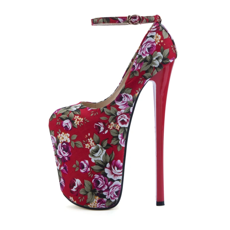 

22cm Extreme High Heels Platform Shoes Large Size 50 45 Fashion Flower Ankle Straps Womens Heels Pumps Rounded Toe Women Shoes