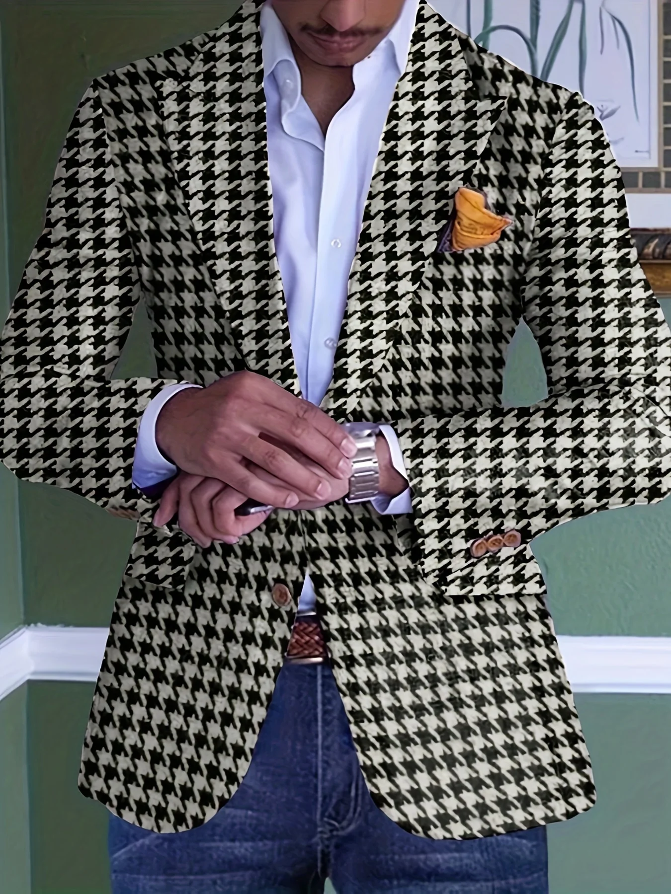 Mens Blazer Slim Fit Elegant Stylish Suit Jacket Houndstooth Graphic Print Blazers for Party/wedding/formal Prom Blazers for Men