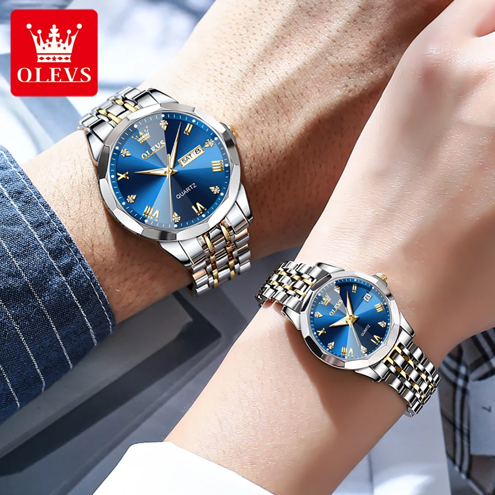 OLEVS 9931 Couple Watches Rhombus Mirror Luxury Original Quartz Men and Women Wristwatch Waterproof Luminous Date Week Him and H