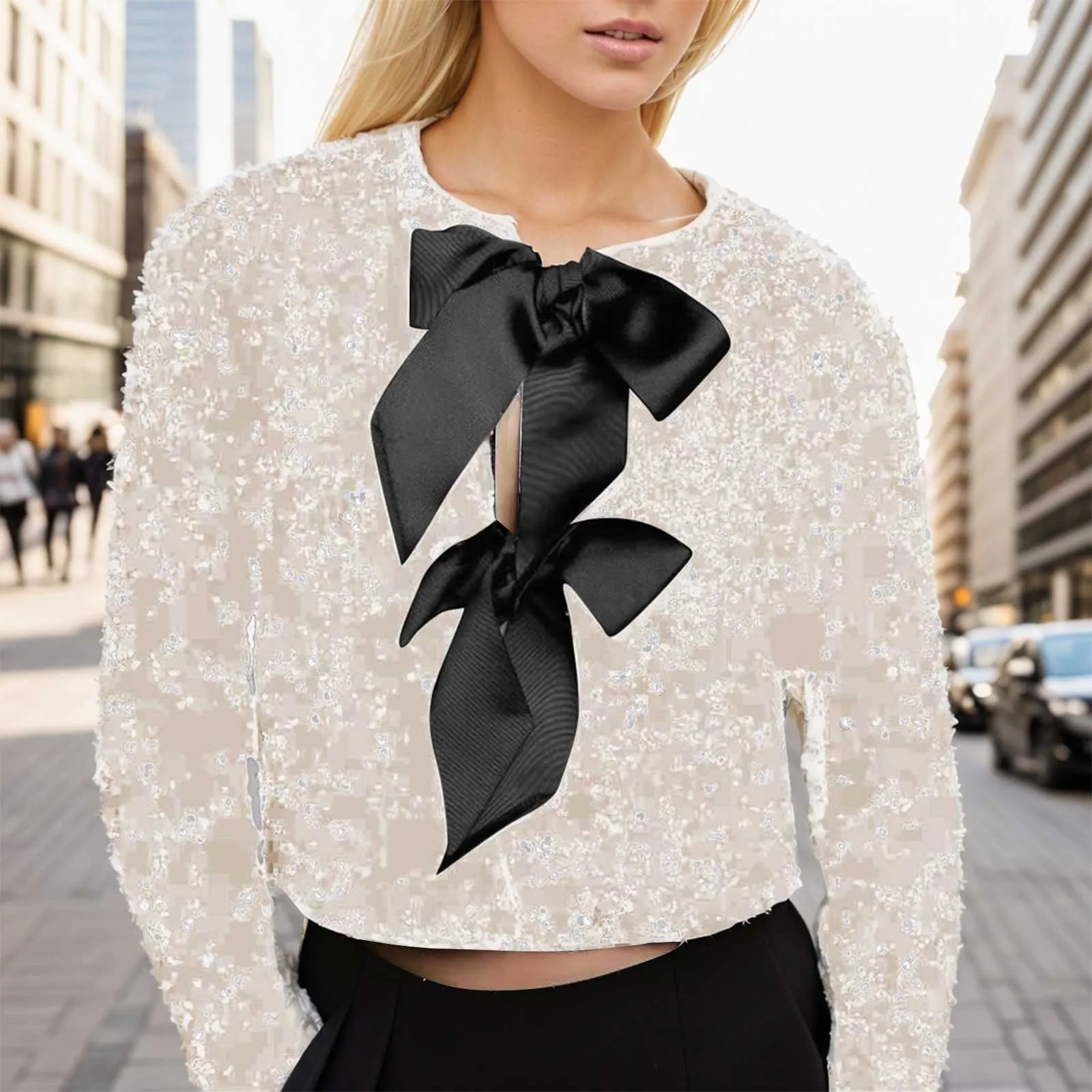 

Fashion Holiday Tie-front Sequined Jacket For Women Y2K Shiny Chic Cropped Coat Female Elegant Long Sleeve Lady Party Outerwear