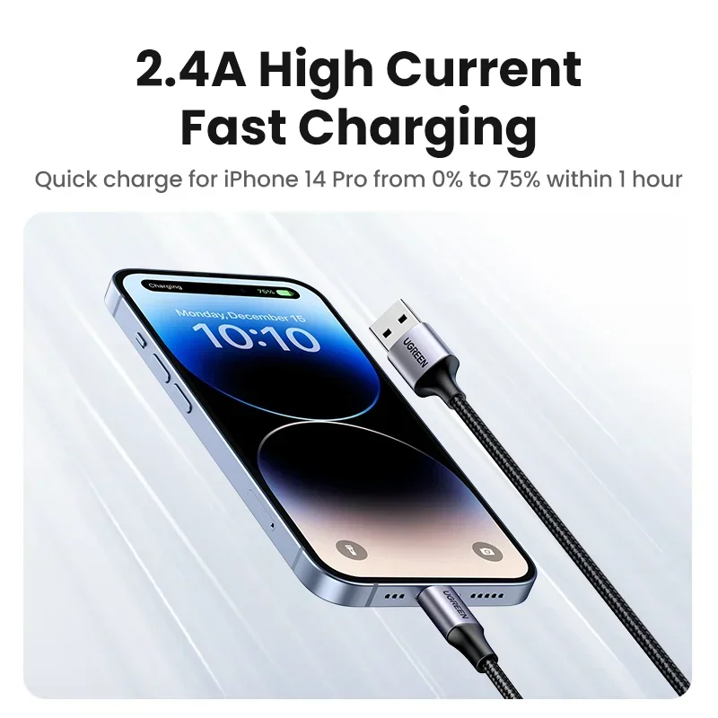 Фото Кабель UGREEN MFi с USB A на Lightning для Apple ipad, iPhone 14, 13, 12, 11, xs, xr, 8, 7, 6, быстрая зарядка, Плетеный, короткий, 0,25 м, 0,5 м, длиной 2 м №2