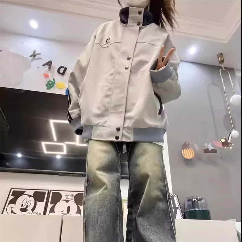 American Retro Baseball Jacket for Women Spring/Summer 2024 New Loose and Versatile Patchwork Design Pink Standing Collar Jacket