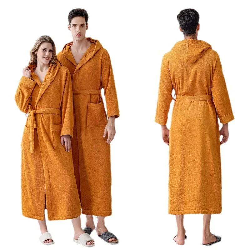 Hooded Bathrobe Men Cotton Hooded Women Sleepwear Nightgown Towel Fleece Thick Long Soft Autumn Winter White Home Hotel robe