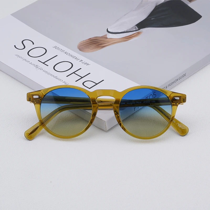 

47 Size Light Yellow Gregory Peck Vintage Acetate Round Sunglasses Designer Men Women Sun Glasses OV5186 Polarized Eyeglasses