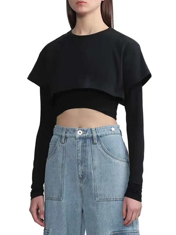 

Women Tops Fake Two Pieces Exposed Navel Sexy Summer O-Neck Long Sleeved Short T-Shirt