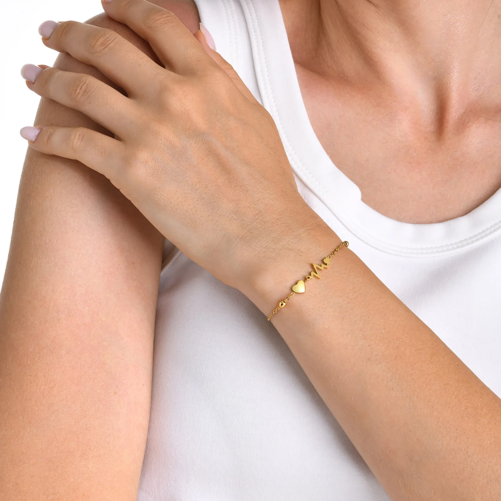 Vnox Heartbeat Bracelets for Women Girls, PVD Gold Color