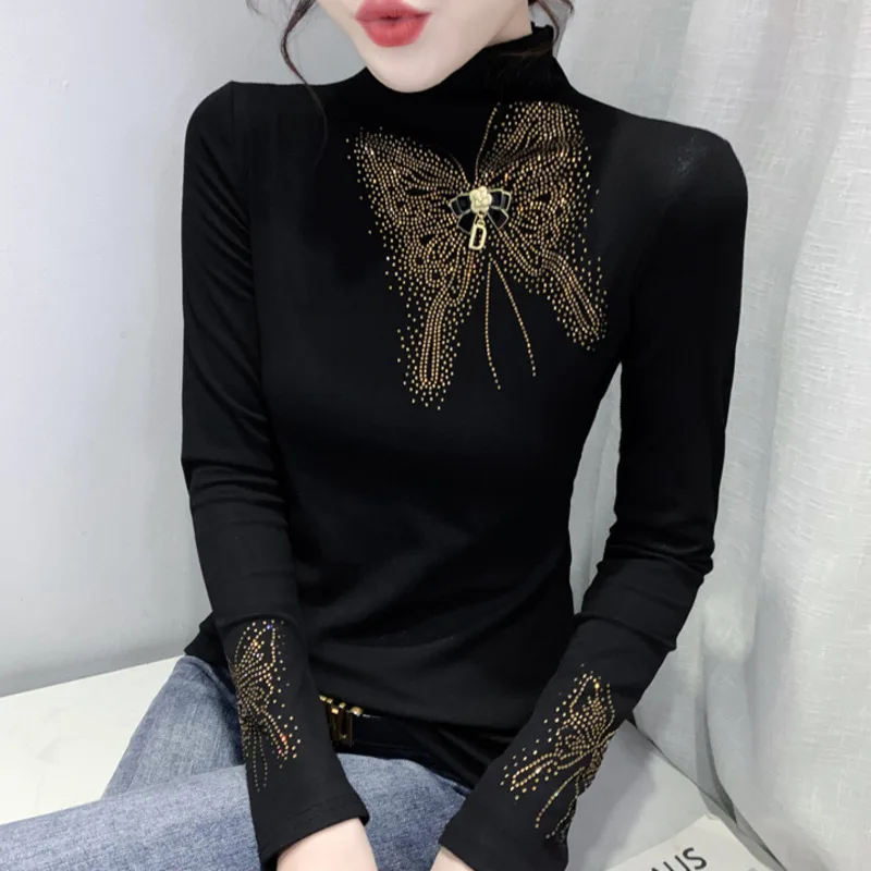 

#9001 зимняя черная водолазка с воротником, Женская облегающая офисная футболка со стразами и бабочкой, Женская корейская мода, плотная теплая облегающая футболка