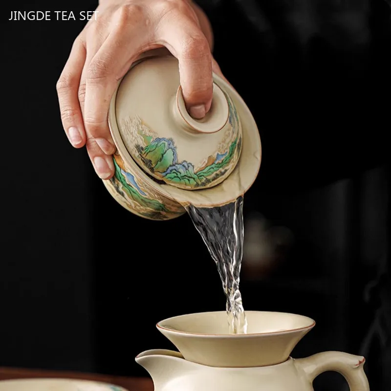 100ml Retro Blue and White Porcelain Gaiwan Chinese Ceramic Tea Bowl Home Tea Infuser Handmade Underglaze Color Tea Set Teacup