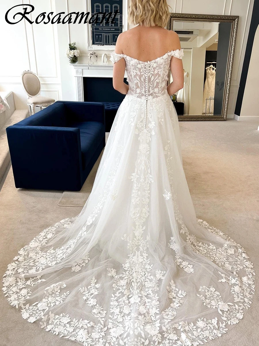 

Charming Off The Shoulder Illusion Wedding Dresses A-Line Floral Appliques Lace Bridal Gowns Robe De Mariée