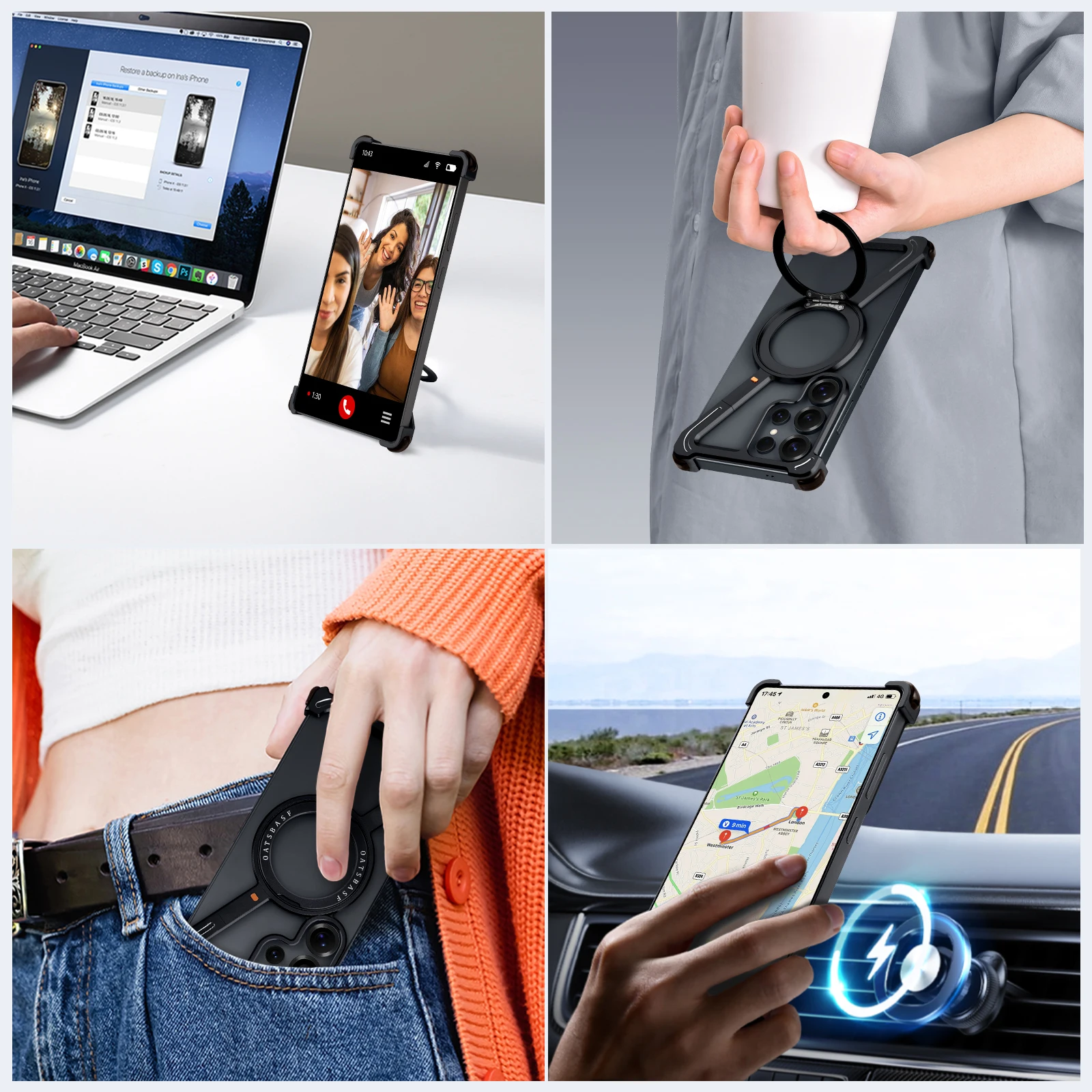 Eary Z Shape for Samsung Galaxy S25 S24 Ultra Phone Case with Magsafe Frameless Metal Magnetic Ring Stand 360°Rotating Cover