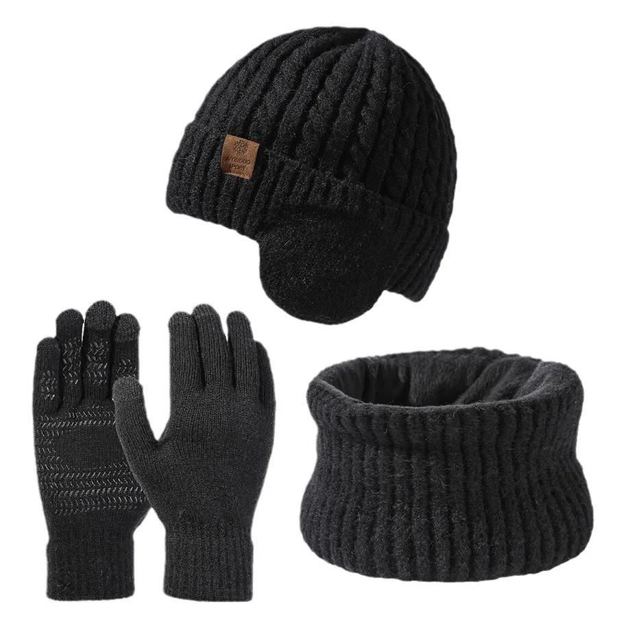 Men\'s Hat and scarf Gloves Set three Pieces for Men Winter Knitted Beanie Hats Thick Warm Hat scarf Glove Set Outdoor Windproof