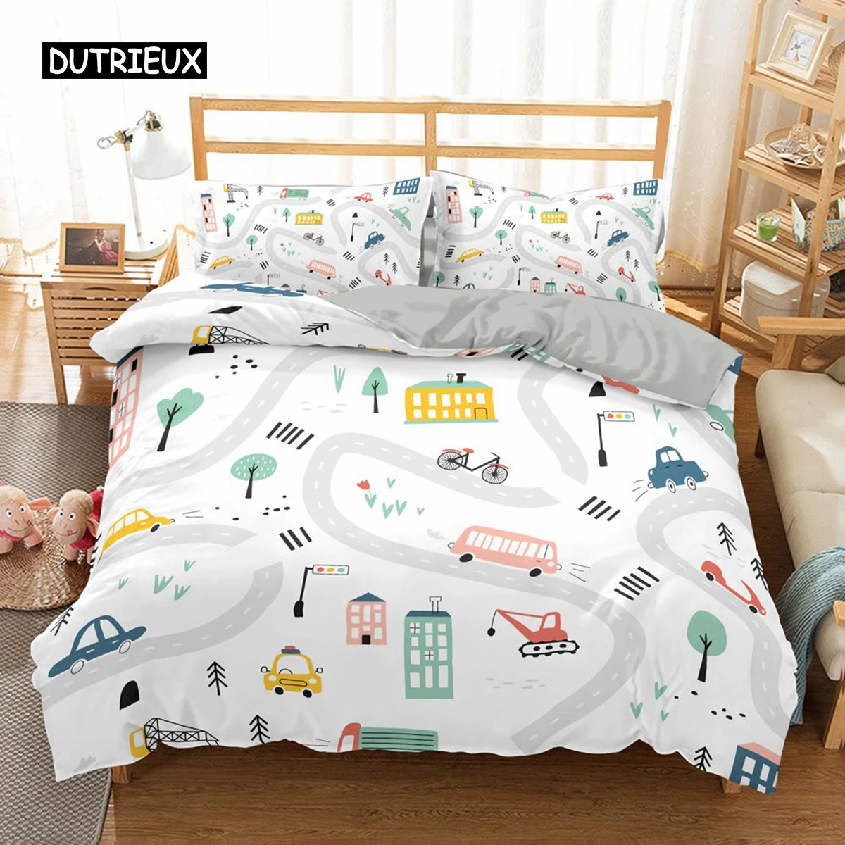 

Travel Guide Duvet Cover Set Cartoon Route Car House Building Pattern Bedding Set Microfiber Travel Theme King Size Quilt Cover