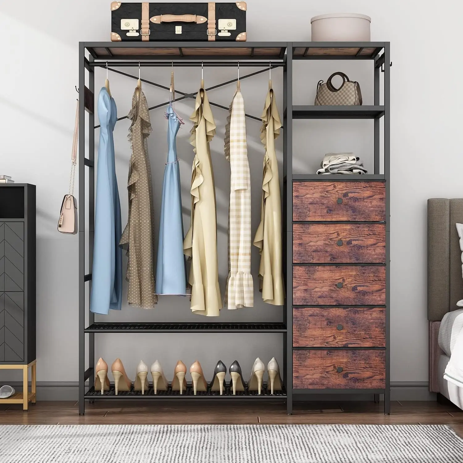 Heavy Duty Clothes Rack for Hanging Clothes with 5 Shelves & 5 Drawers, Metal Freestanding Clothing Rack with Five Hooks, Garmen 4
