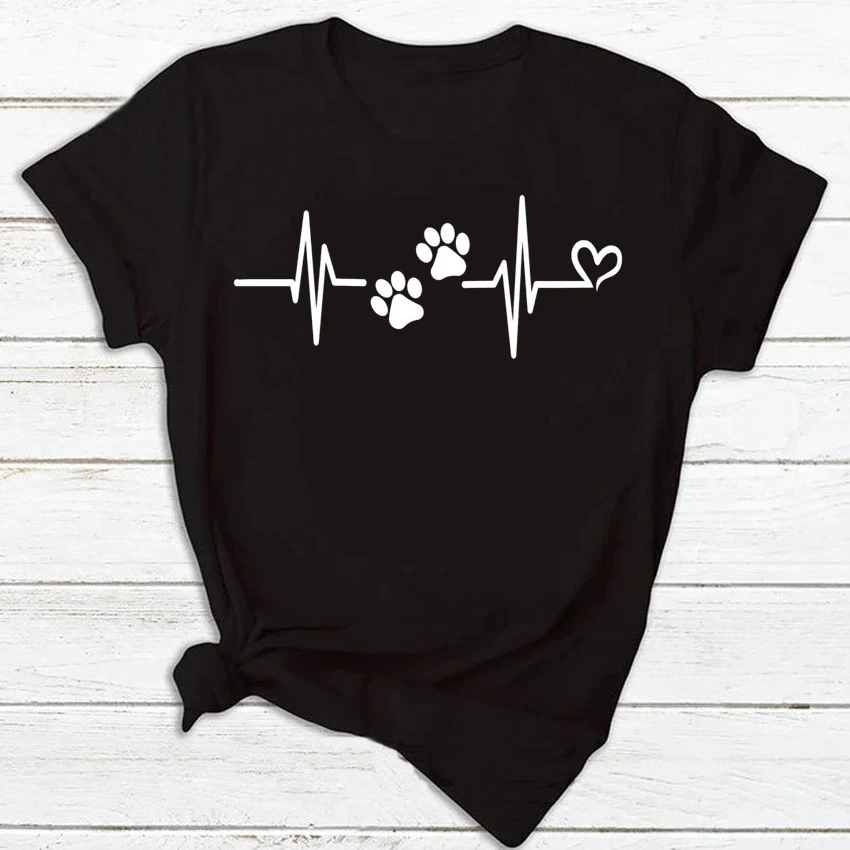 

Fashion Dog Heartbeat Print T-shirt Funny 90s Print Tees Womens Tshirt for Female Black T Shirt Clothes Tops White Women T-Shirt