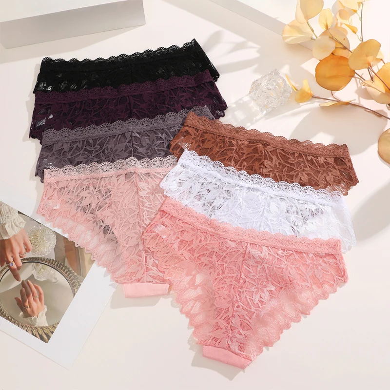 FINETOO 3-teiliges Spitzen-Höschen-Set für Damen, sexy, niedrig geschnitten, mit Blumenmuster, unsichtbar, atmungsaktiv, weich, Intimwäsche – Detail 4
