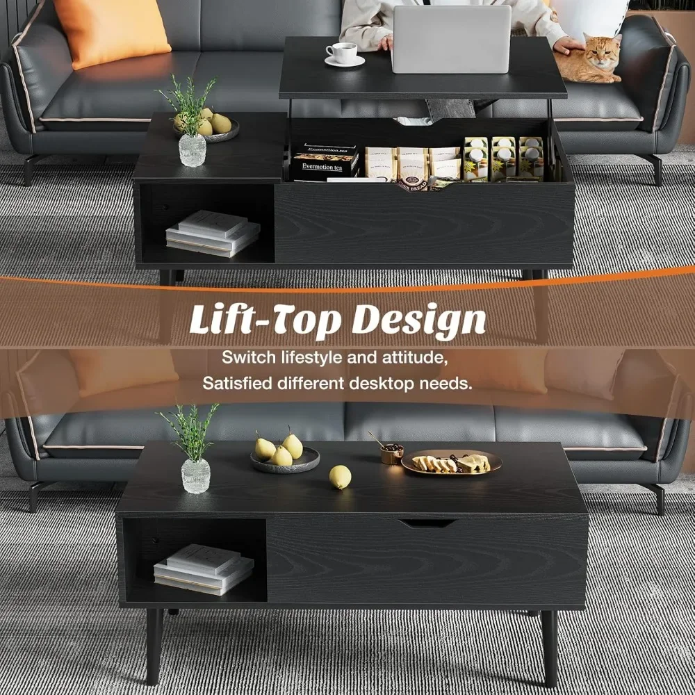 Coffee table, lift and small raised wooden coffee table for living room with storage shelves and hidden compartments