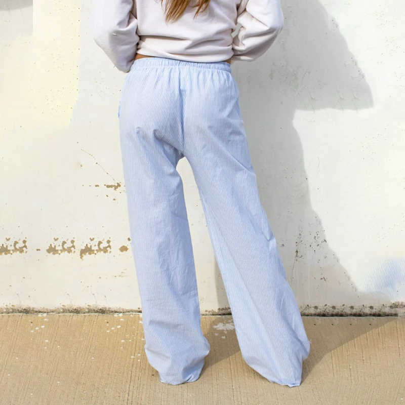 Pantalones anchos a rayas de moda elegante para mujer, ropa de calle coreana, informales, con cordón, de cintura alta, sueltos, rectos, largos, ropa de estar por casa