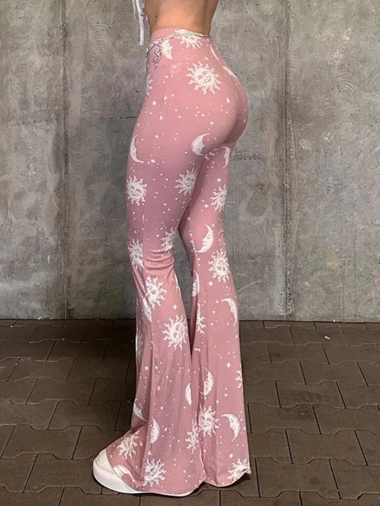 Summer Fashion Pink Slim Sweatpants Women Casual Abstract Print Micro Flare Y2k Pant Low Waisted Patchwork Long Streetwear Women