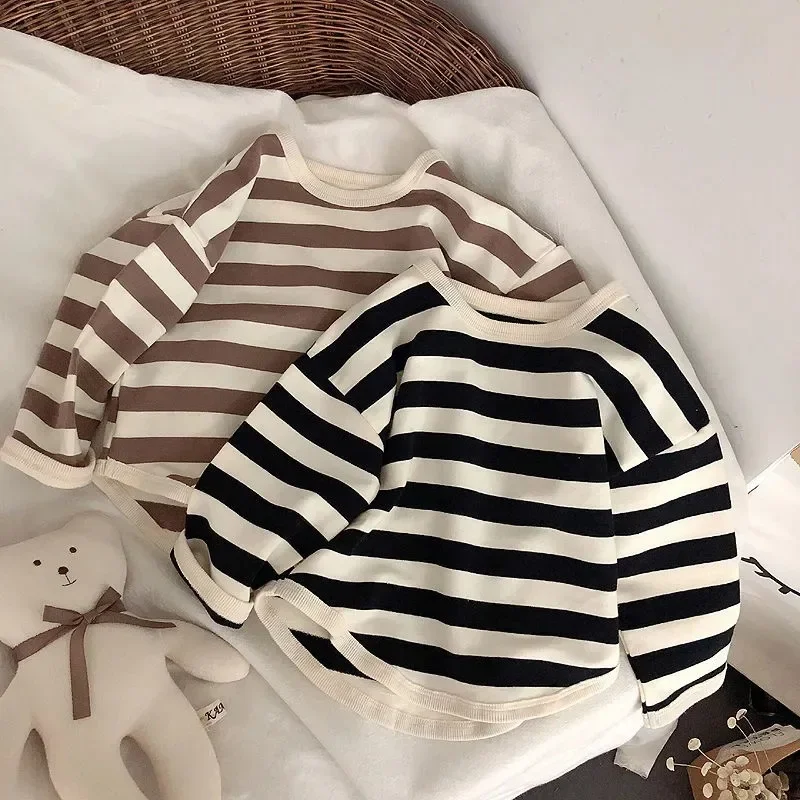 Spring Kids Striped Long Sleeves T-shirt Toddler Girl Loose Bottoming Shirt Boy Baby Casual Tops Fashion Children Cotton Tees 1