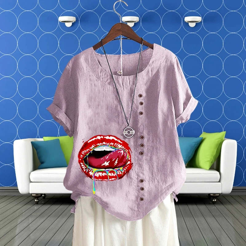 

Женская свободная льняная футболка с круглым вырезом, индивидуальным принтом рта и коротким рукавом, Повседневная рубашка, пуловер