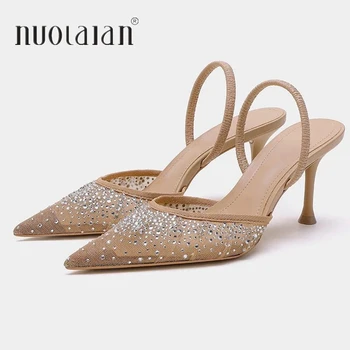 New Summer Women's Sandals Rhinestone Bright Mesh High Heels Footwear Elegant Slingback Pointed Slip on Party Lady Pumps Shoes 1