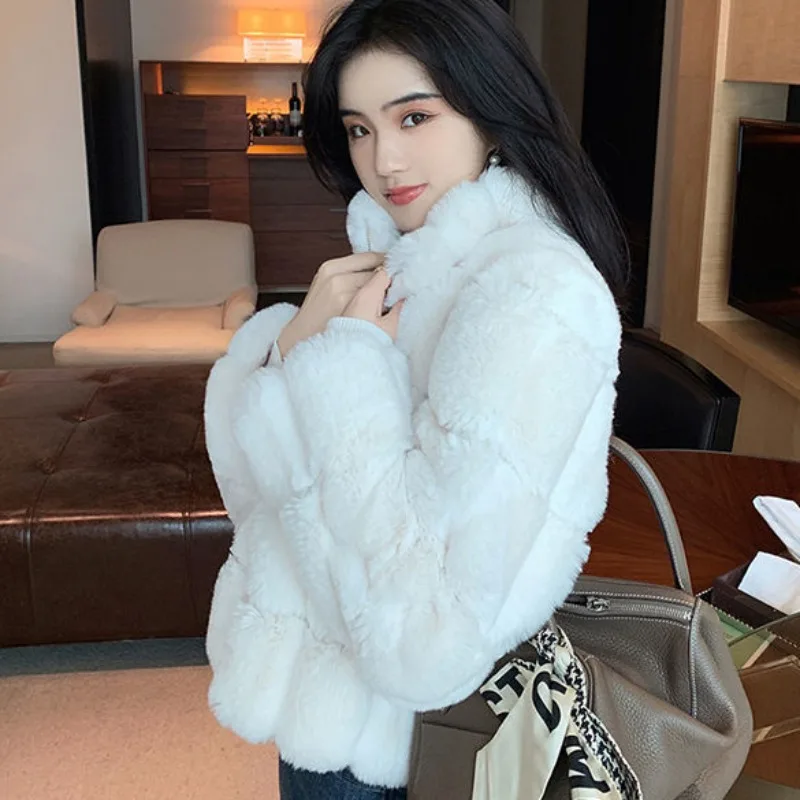 Temperament Plaid Faux Rabbit Fur Coat 2023 Winter New Women Loose Stand Collar Outwear Casual Warm All-match Short Jacket
