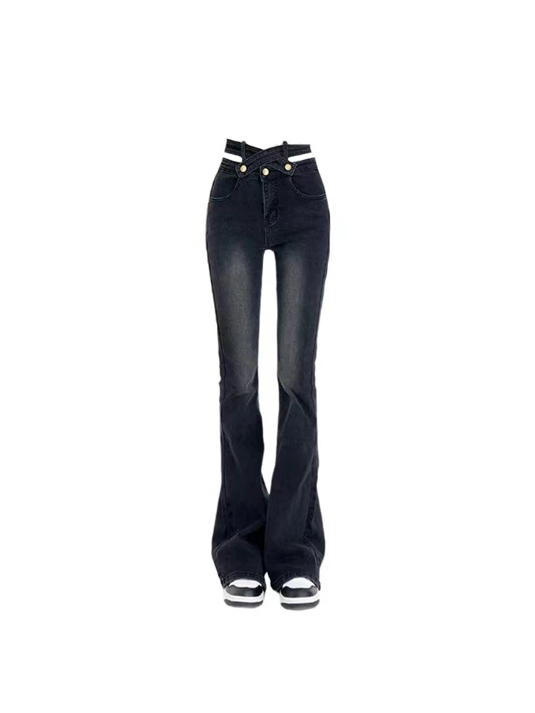 

Women Black Gothic High Waist Flare Jeans Vintage Korean 2000s Y2k Oversize Cowboy Pants Harajuku Wide Leg Denim Trouser Clothes