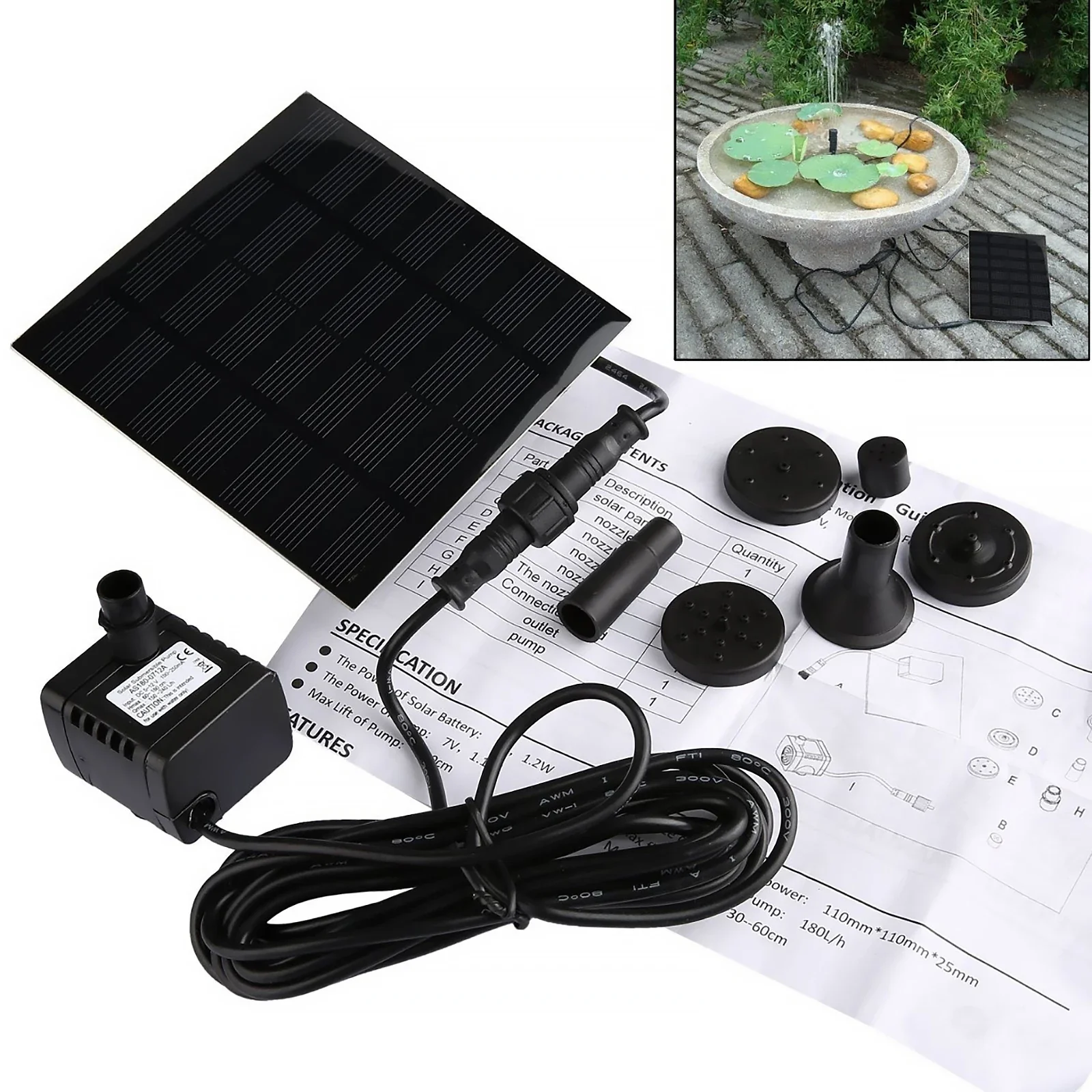 1.2W Solar Panels Water Fountain Pump with 6 Nozzles Solar Powered Fountain Wave Maker for Outdoor Bird Bath Garden Fish Pond