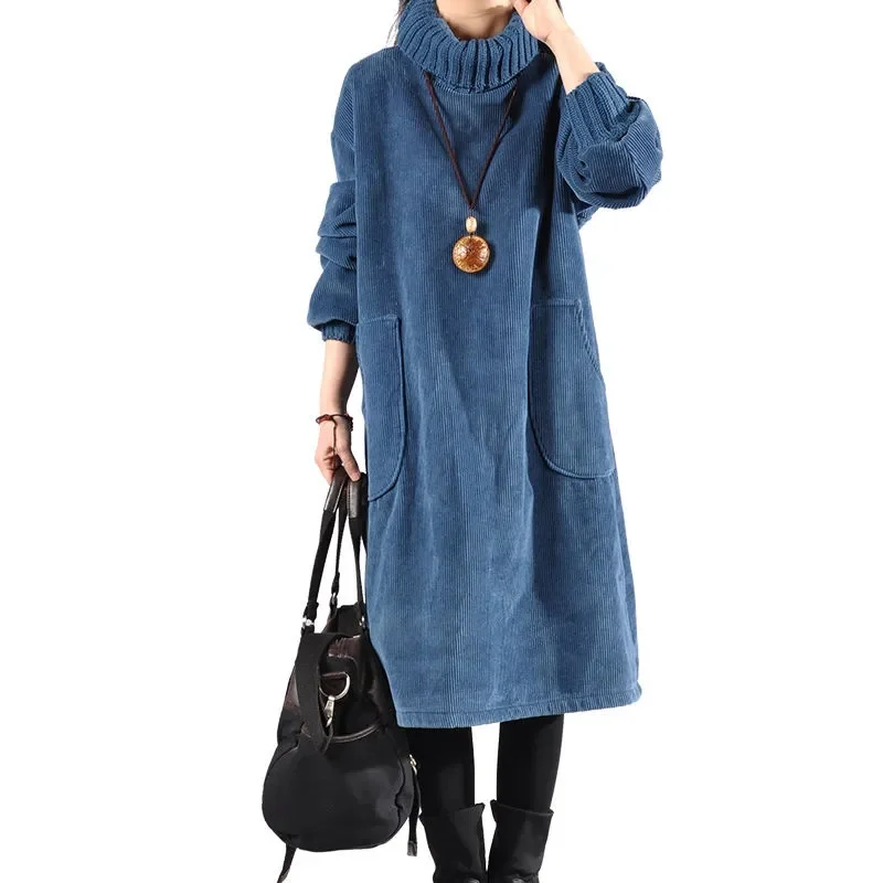 Knit High Neck Velvet Plus Long Corduroy Dress Female Pocket Dress SPring Autumn Dress Women's Long Knitted Dress Female Pullove