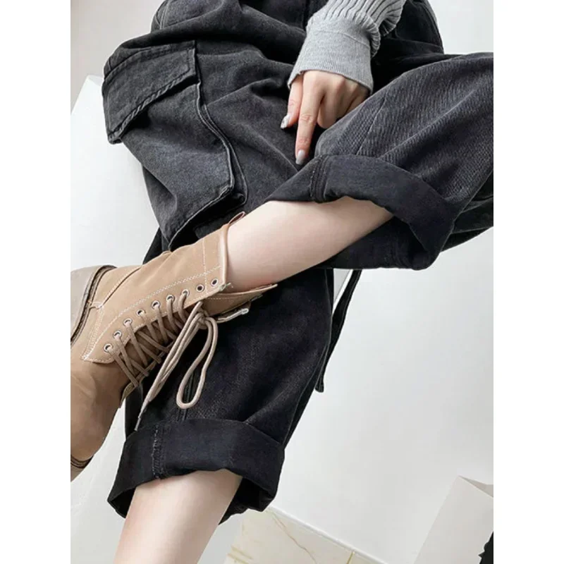 Denim Jumpsuits Women High Waisted Cargo Trousers American Streetwear Teens Personal Hipsters Pure Big Pockets Washed Clothes