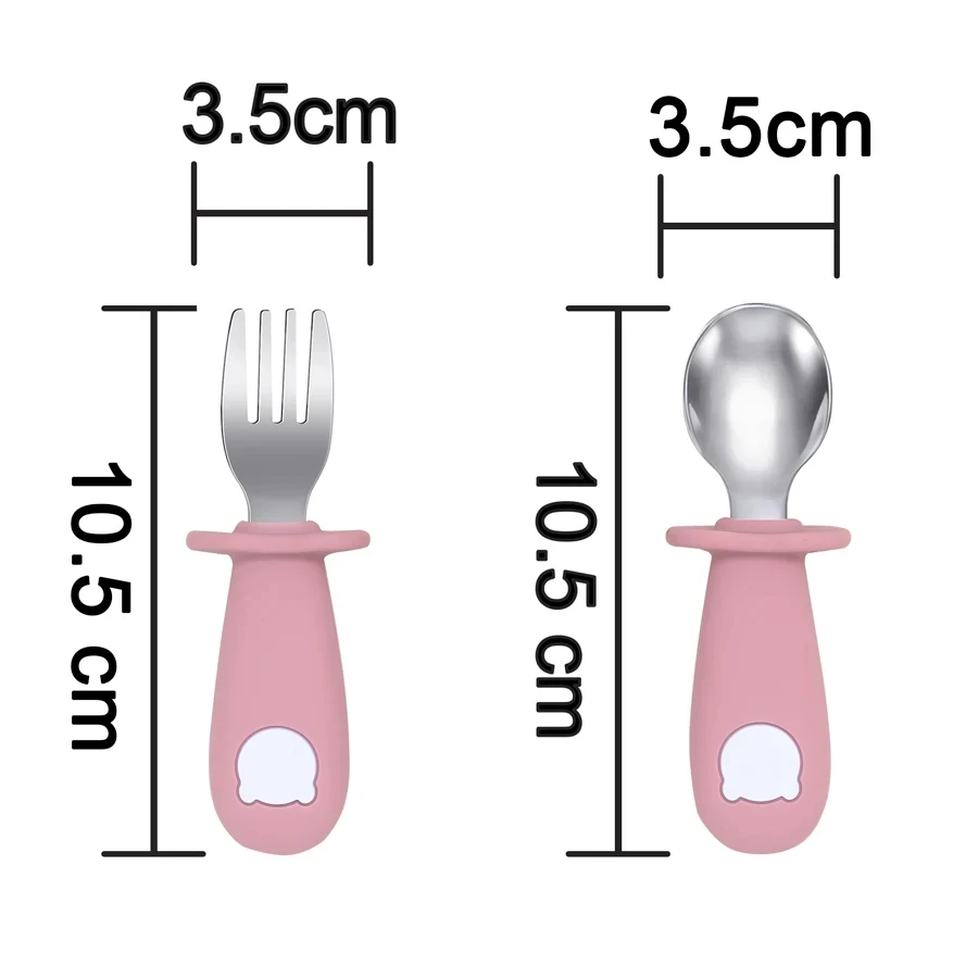 Description Picture 5 of itemJuego de tenedor y cuchara de comida para bebé, sin BPA, mango de silicona, oso de dibujos animados, vajilla de acero inoxidable