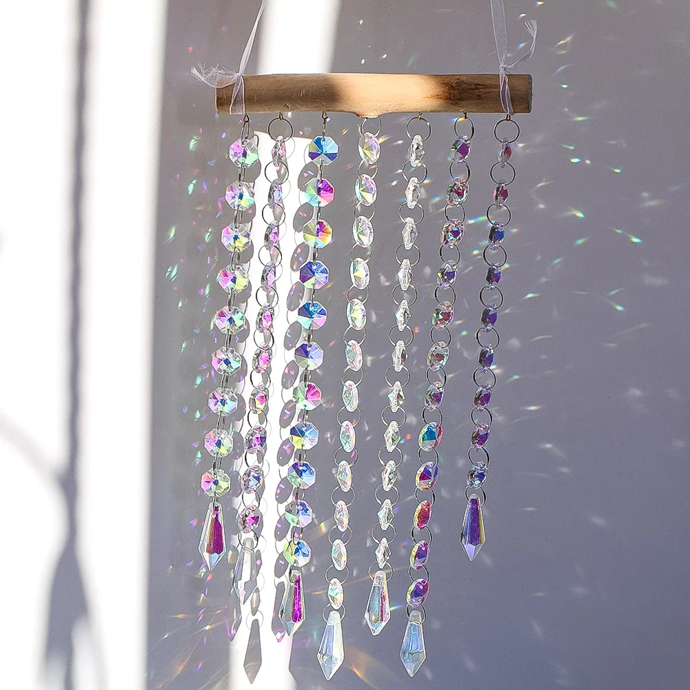 Hanging Crystal Prism Suncatcher Illusion Rainbow Maker Glass Icicle Beads Chain Pendant Wind Chimes Window Garden Decoration
